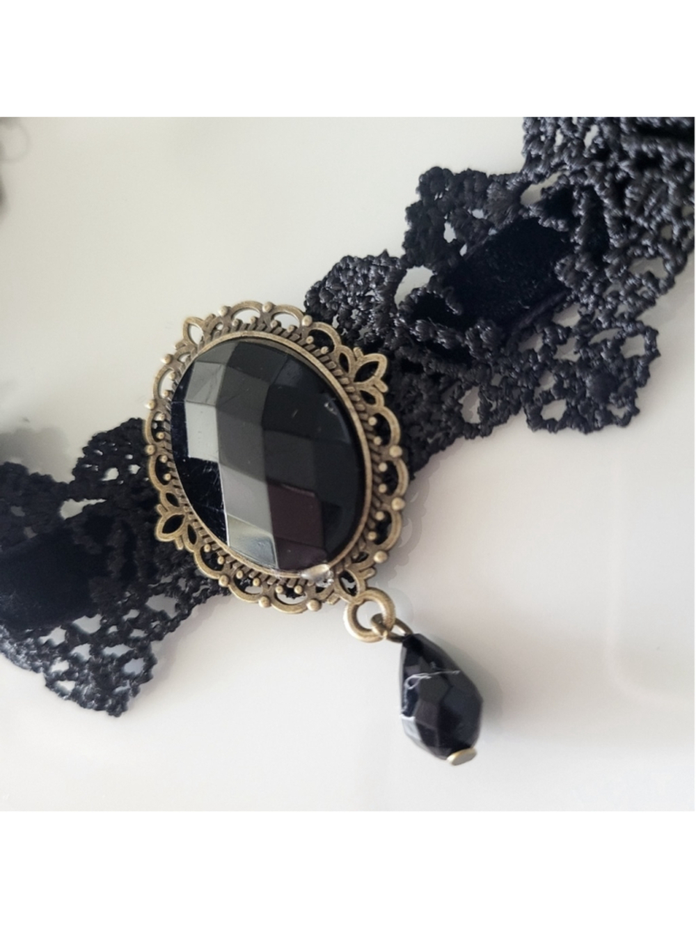 Black Lace Choker with Faceted Jet-Black Oval & Drop – Gothic Victorian Style